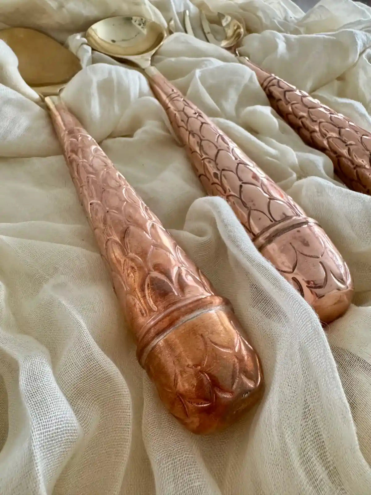 Hand Hammered Serving Spoon Gold Cutlery Set, Bottom Side All